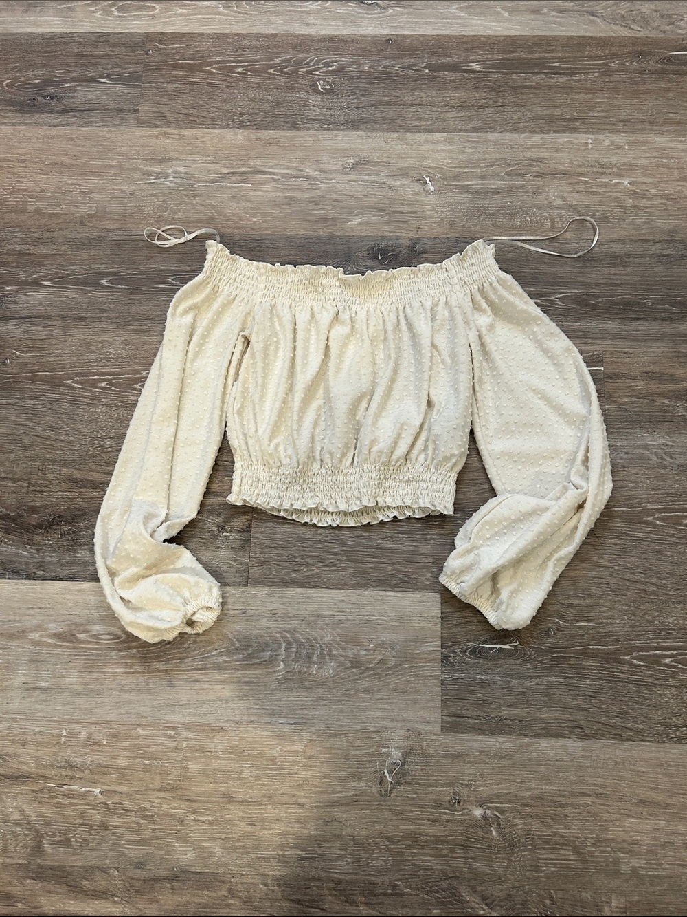 Divided Cream Off-Shoulder Smocked Crop Top